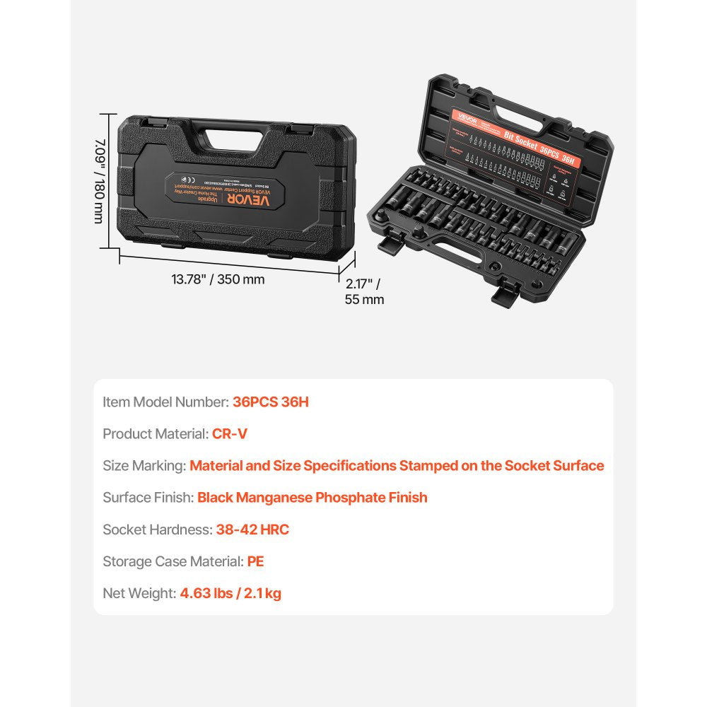 VEVOR Hex Bit Socket Set 36-Piece 1/4" 3/8" 1/2" Drive Hex Bit Sockets, for Auto Repair Mechanical Maintenance, SAE and Metric CR-V Steel Sockets with 4 Adapters, Storage Case, and Clear Markings