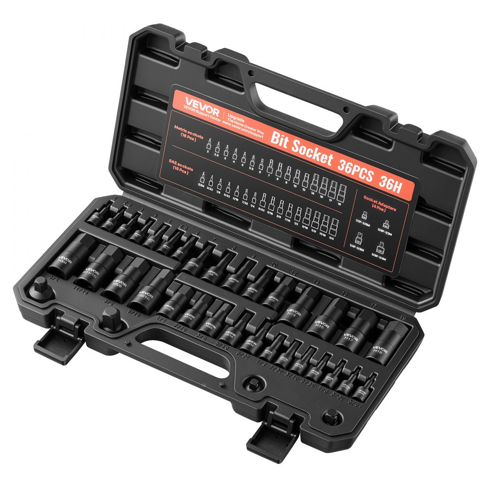 VEVOR Hex Bit Socket Set 36-Piece 1/4" 3/8" 1/2" Drive Hex Bit Sockets, for Auto Repair Mechanical Maintenance, SAE and Metric CR-V Steel Sockets with 4 Adapters, Storage Case, and Clear Markings