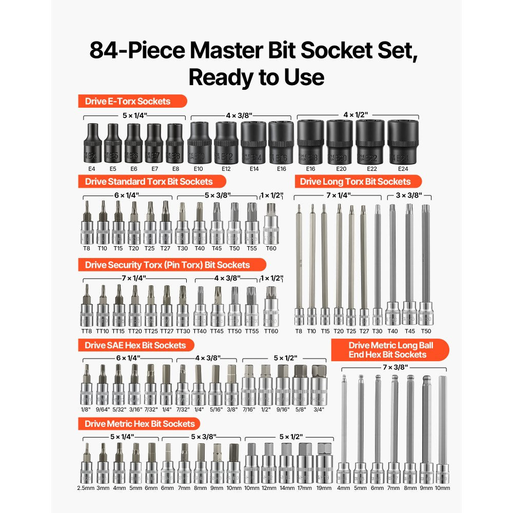 VEVOR Hex Bit Socket Set 84-Piece 1/4" 3/8" 1/2" Drive Hex Torx E-Torx, for Auto Repair Mechanical Maintenance, SAE and Metric, S2 Alloy & CR-V Steel with Portable Storage Case, Clear Markings