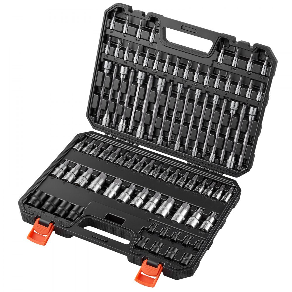 VEVOR Hex Bit Socket Set 84-Piece 1/4" 3/8" 1/2" Drive Hex Torx E-Torx, for Auto Repair Mechanical Maintenance, SAE and Metric, S2 Alloy & CR-V Steel with Portable Storage Case, Clear Markings