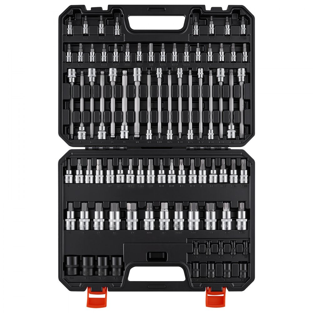 VEVOR Hex Bit Socket Set 84-Piece 1/4" 3/8" 1/2" Drive Hex Torx E-Torx, for Auto Repair Mechanical Maintenance, SAE and Metric, S2 Alloy & CR-V Steel with Portable Storage Case, Clear Markings
