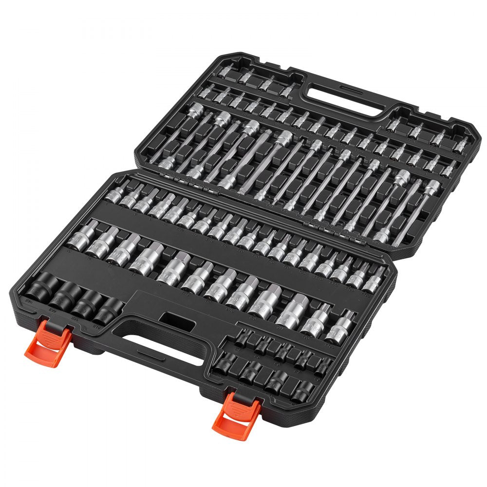 VEVOR Hex Bit Socket Set 84-Piece 1/4" 3/8" 1/2" Drive Hex Torx E-Torx, for Auto Repair Mechanical Maintenance, SAE and Metric, S2 Alloy & CR-V Steel with Portable Storage Case, Clear Markings