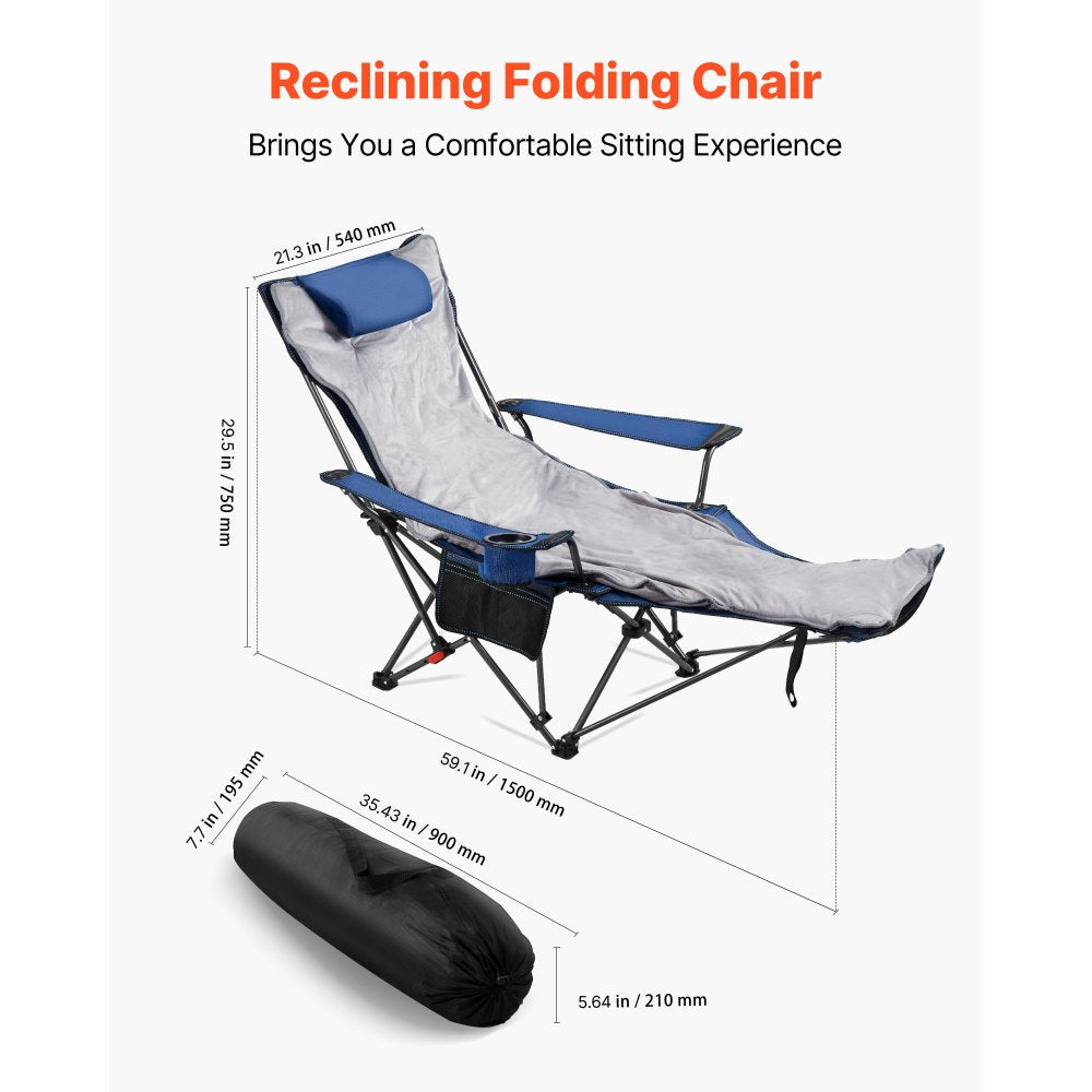 VEVOR Reclining Camping Chair, 4 Adjustable Positions, Portable Folding Lounger for Adults, Mesh Beach Chair with Footrest & Plush Cushion, Supports 220 lbs, Heavy Duty Camp Chairs for Patio, Blue