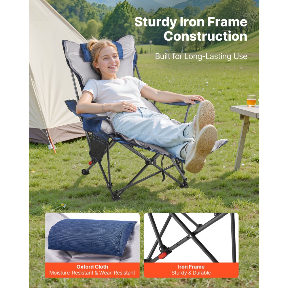 VEVOR Reclining Camping Chair, 4 Adjustable Positions, Portable Folding Lounger for Adults, Mesh Beach Chair with Footrest & Plush Cushion, Supports 220 lbs, Heavy Duty Camp Chairs for Patio, Blue