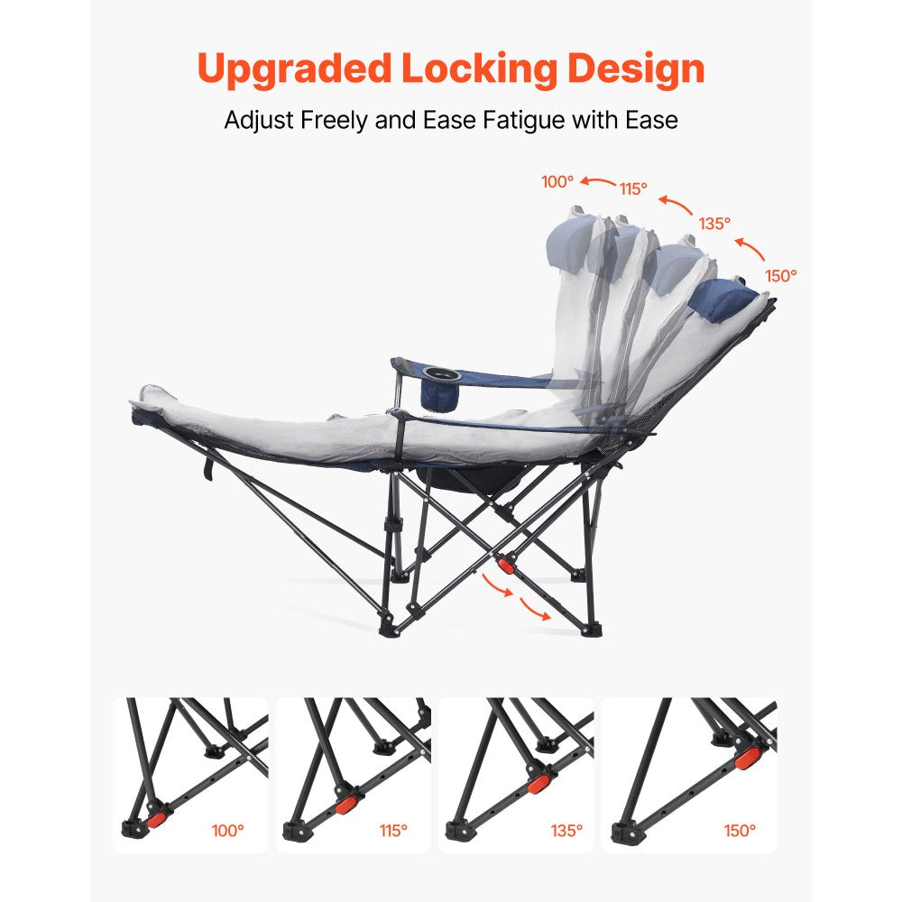 VEVOR Reclining Camping Chair, 4 Adjustable Positions, Portable Folding Lounger for Adults, Mesh Beach Chair with Footrest & Plush Cushion, Supports 220 lbs, Heavy Duty Camp Chairs for Patio, Blue