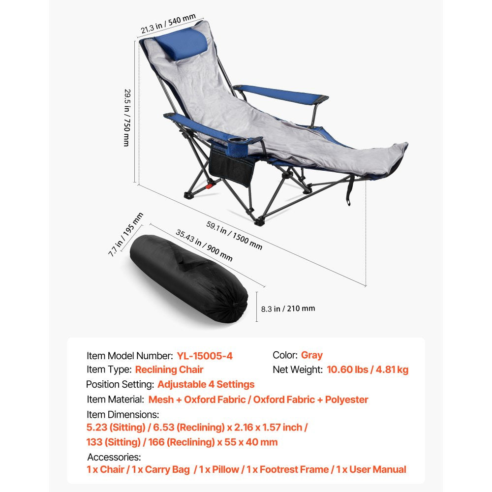 VEVOR Reclining Camping Chair, 4 Adjustable Positions, Portable Folding Lounger for Adults, Mesh Beach Chair with Footrest & Plush Cushion, Supports 220 lbs, Heavy Duty Camp Chairs for Patio, Blue