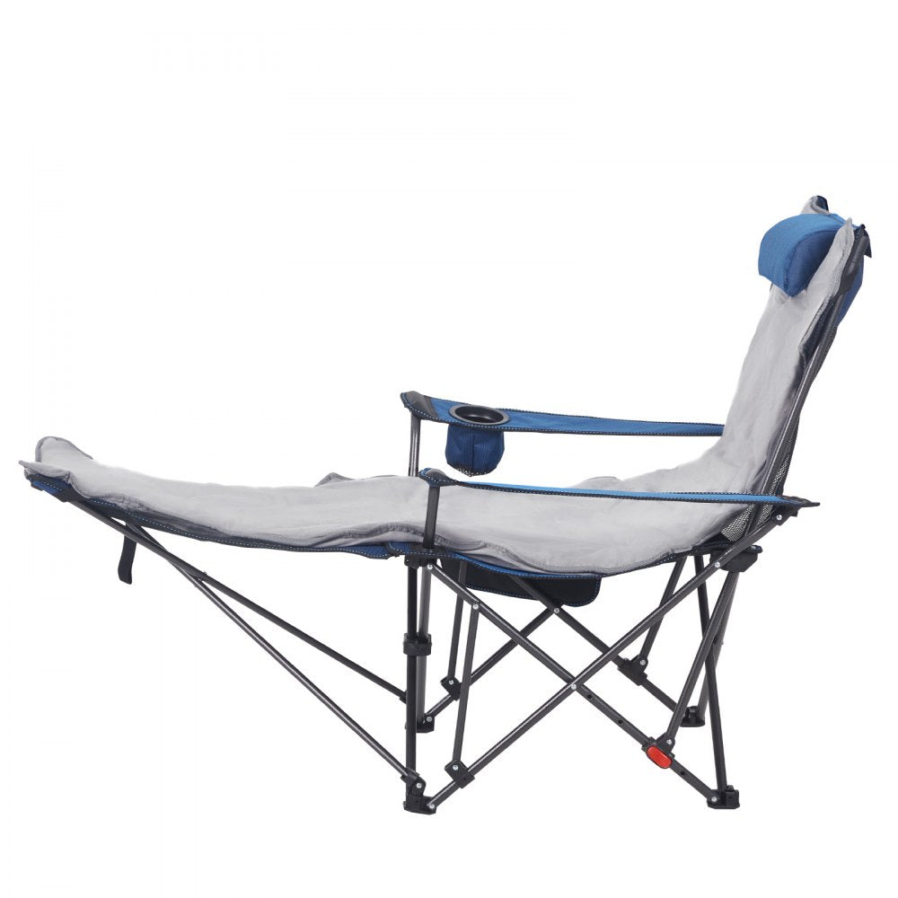 VEVOR Reclining Camping Chair, 4 Adjustable Positions, Portable Folding Lounger for Adults, Mesh Beach Chair with Footrest & Plush Cushion, Supports 220 lbs, Heavy Duty Camp Chairs for Patio, Blue