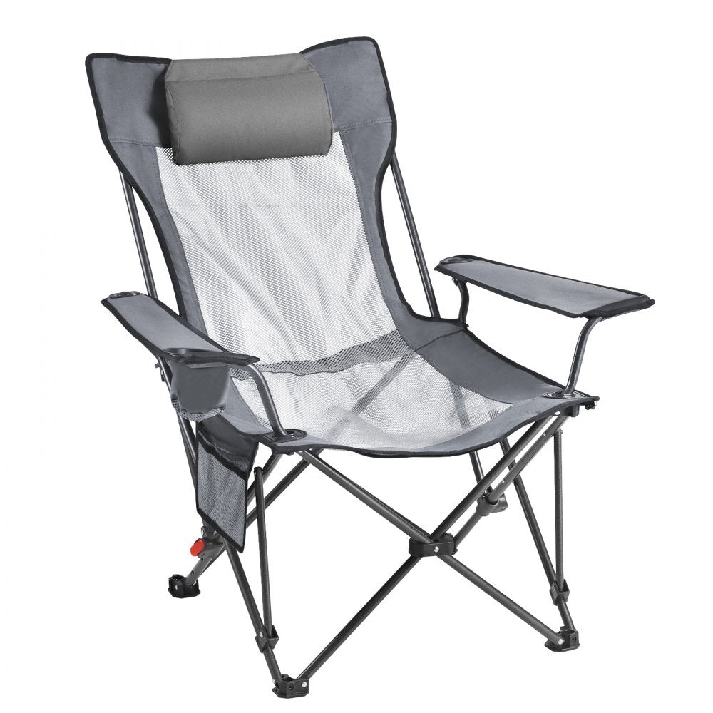 VEVOR Reclining Camping Chair, 4 Adjustable Positions, Portable Folding Lounger for Adults, Mesh Beach Chair with Headrest & Foot Rest, Supports 220 lbs, Heavy Duty Camp Chairs for Patio, Gray