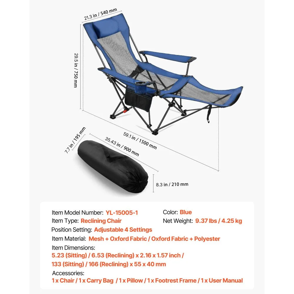VEVOR Reclining Camping Chair, 4 Adjustable Positions, Portable Folding Lounger for Adults, Mesh Beach Chair with Headrest & Foot Rest, Supports 220 lbs, Heavy Duty Camp Chairs for Patio, Blue