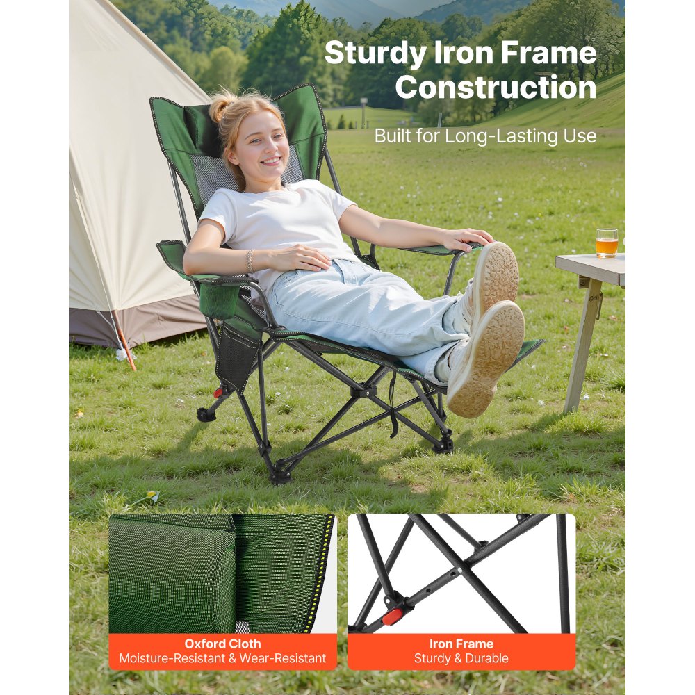 VEVOR Reclining Camping Chair, 4 Adjustable Positions, Portable Folding Lounger for Adults, Mesh Beach Chair with Headrest & Foot Rest, Supports 220 lbs, Heavy Duty Camp Chairs for Patio, Green