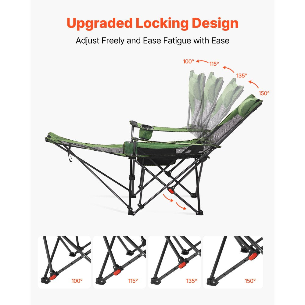 VEVOR Reclining Camping Chair, 4 Adjustable Positions, Portable Folding Lounger for Adults, Mesh Beach Chair with Headrest & Foot Rest, Supports 220 lbs, Heavy Duty Camp Chairs for Patio, Green