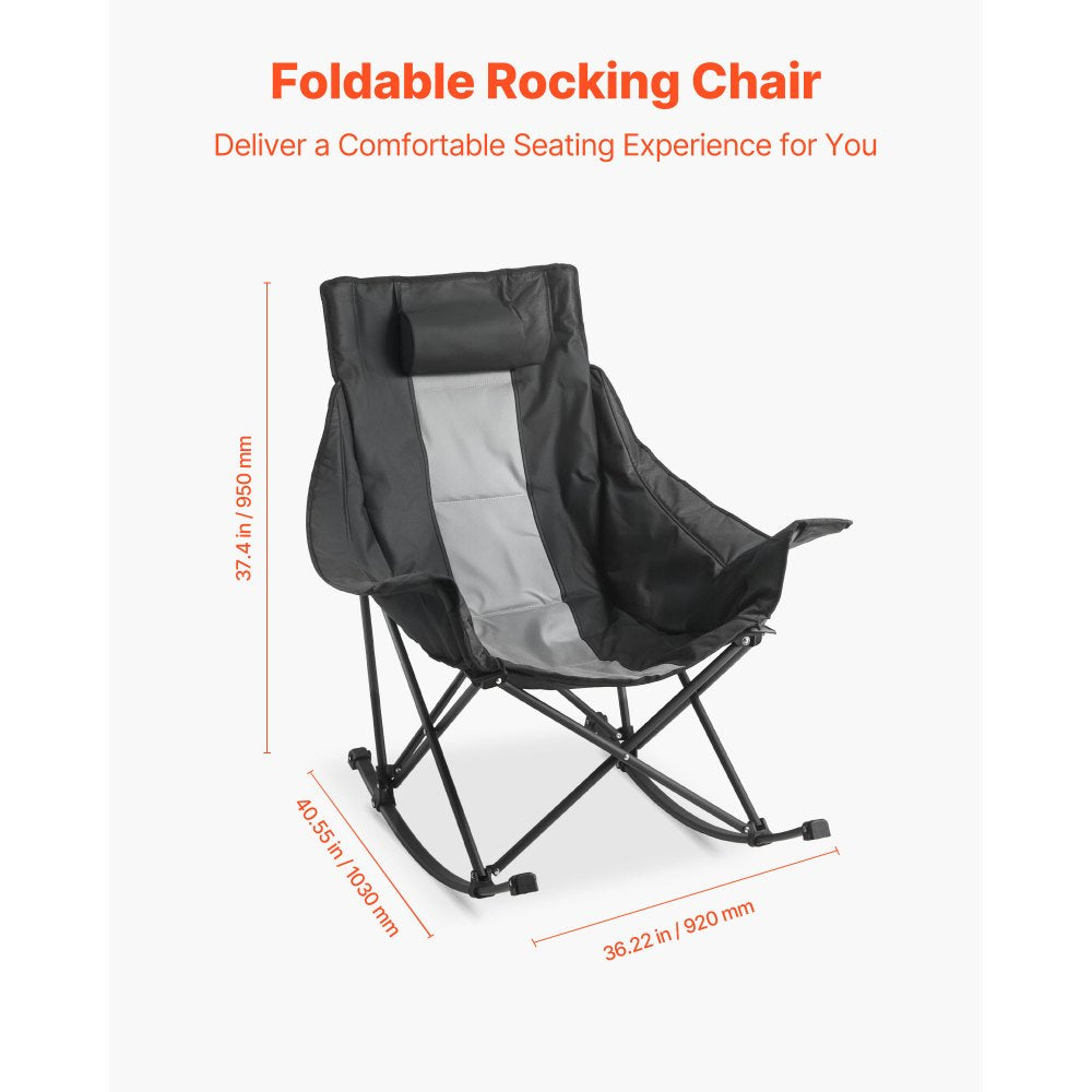 VEVOR Rocking Camping Chair, Portable Folding Rocker, Heavy-Duty Lawn Chair Recliner with Cupholder & Pocket, Supports 225lbs, Fully Padded Camp Chairs for Outdoor Patio Backyard Porch Garden