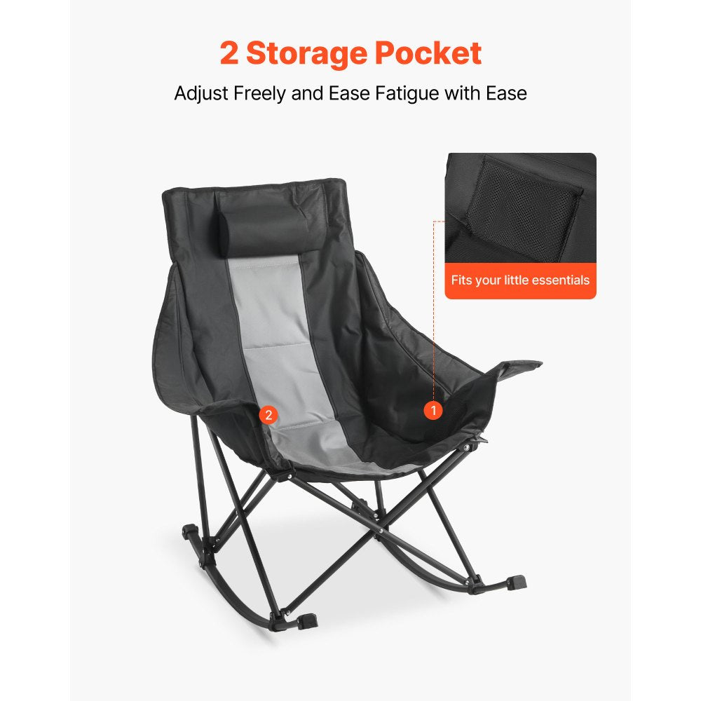 VEVOR Rocking Camping Chair, Portable Folding Rocker, Heavy-Duty Lawn Chair Recliner with Cupholder & Pocket, Supports 225lbs, Fully Padded Camp Chairs for Outdoor Patio Backyard Porch Garden