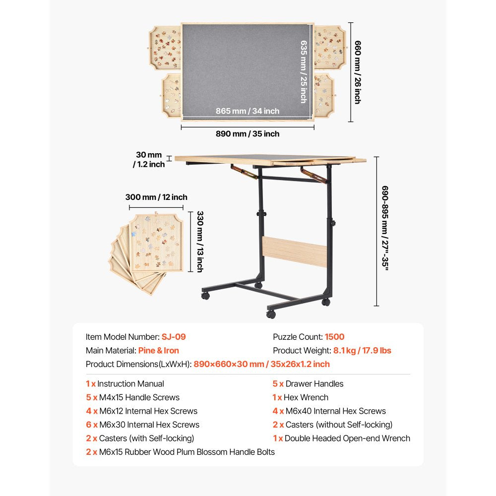 VEVOR 1500 Piece Puzzle Table with Legs, 4 Drawers and Cover, 34x25 in Portable Wooden Board with Wheels, Jigsaw Puzzle Accessories for Adults, Adjustable Height & 5-Tilting-Angle, Gift for Mom