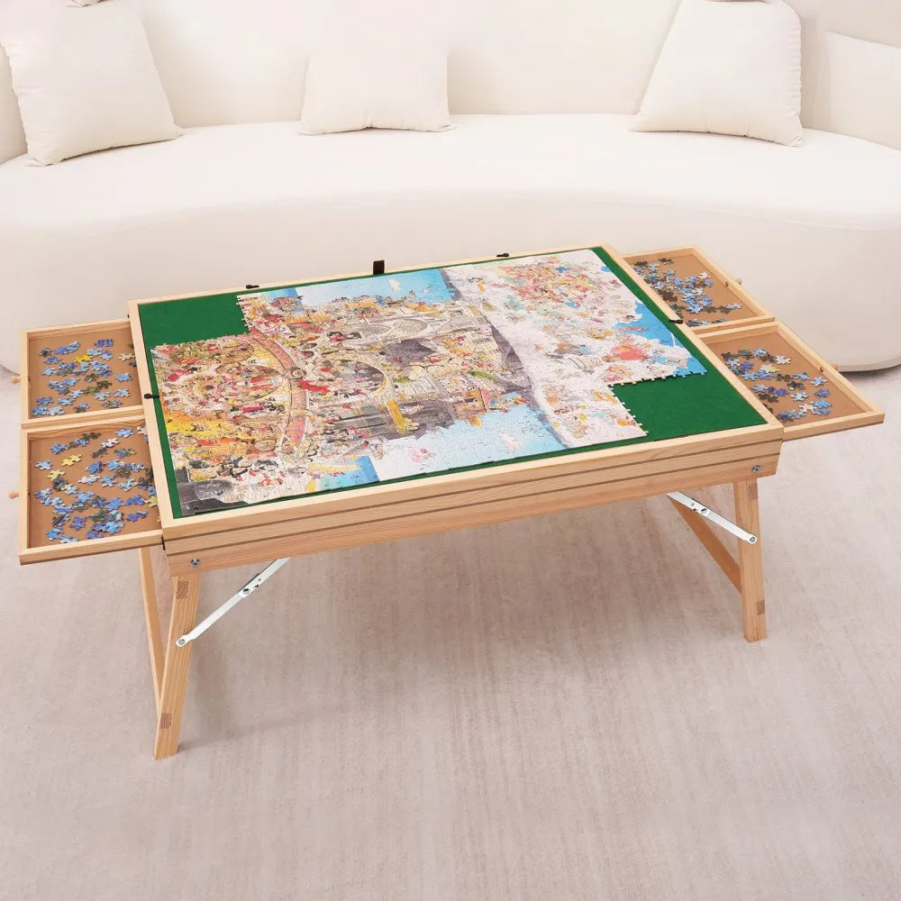 VEVOR 1500 Piece Puzzle Table with Folding Legs, 4 Drawers and Cover, 32.7"x24.6" Wooden Jigsaw Puzzle Plateau, Adjustable 3-Tilting-Angle Puzzle Board, Puzzle Storage System for Adults, Gift for Mom