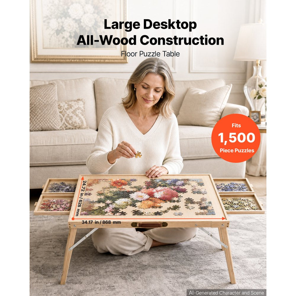 VEVOR 1500 Piece Puzzle Table with Folding Legs, 4 Drawers, Cover, 34x25 in, Birthday Gift for Mom, Portable Wooden Board, Jigsaw Accessories for Adults, Puzzles Organizer & Storage System
