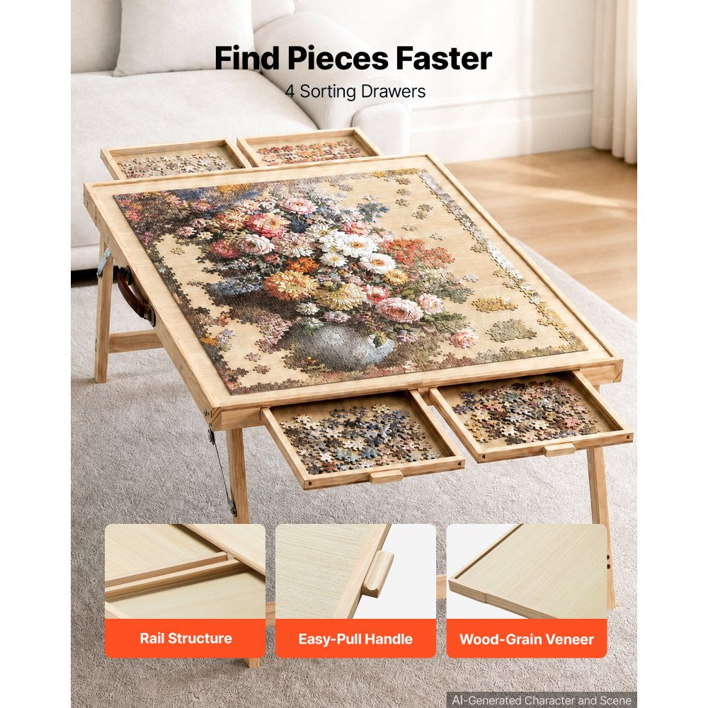 VEVOR 1500 Piece Puzzle Table with Folding Legs, 4 Drawers, Cover, 34x25 in, Birthday Gift for Mom, Portable Wooden Board, Jigsaw Accessories for Adults, Puzzles Organizer & Storage System