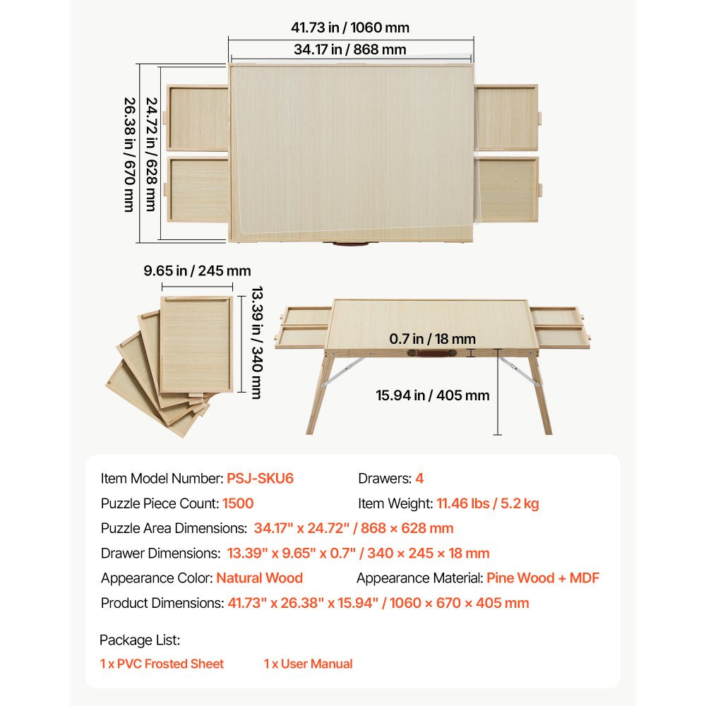 VEVOR 1500 Piece Puzzle Table with Folding Legs, 4 Drawers, Cover, 34x25 in, Birthday Gift for Mom, Portable Wooden Board, Jigsaw Accessories for Adults, Puzzles Organizer & Storage System