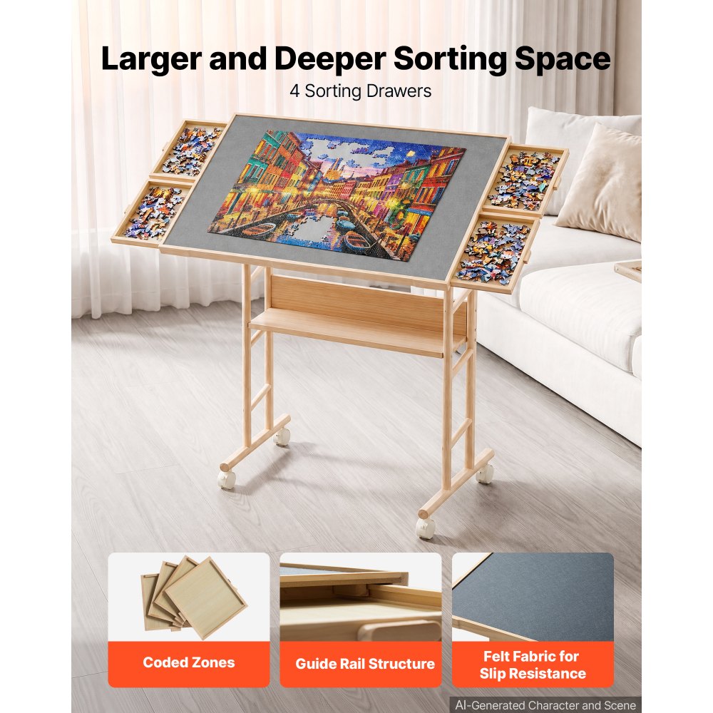 VEVOR 1500 Piece Puzzle Table with Legs, 4 Drawers, and Cover, 34x25 in, Gift for Mom, Portable Wooden Board, Felt Surface Puzzles Jigsaw Accessories for Adults, 0°-45° Tilting Storage Organizer