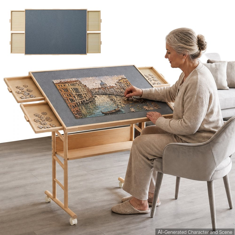 VEVOR 1500 Piece Puzzle Table with Legs, 4 Drawers, and Cover, 34x25 in, Gift for Mom, Portable Wooden Board, Felt Surface Puzzles Jigsaw Accessories for Adults, 0°-45° Tilting Storage Organizer