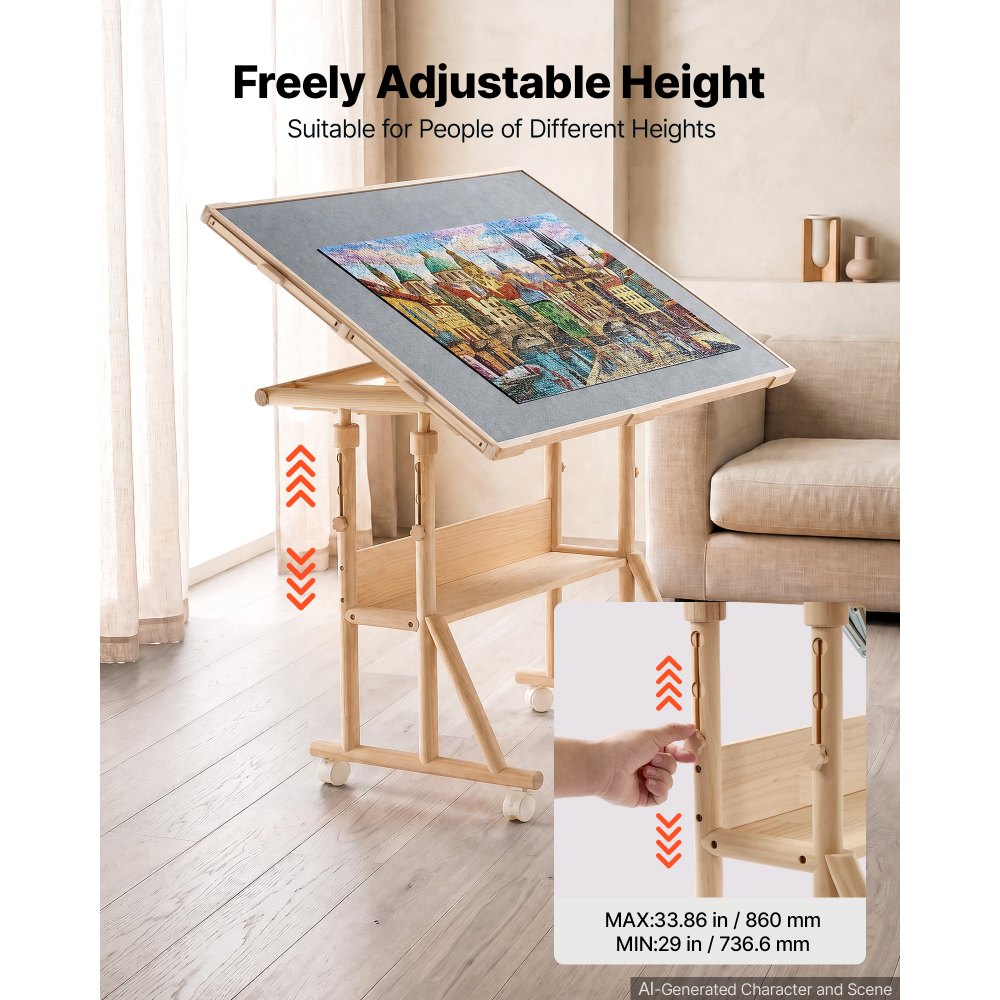 VEVOR 1500 Piece Puzzle Table with Legs, Wheels, 4 Drawers, Cover, 34x25 in, Gift for Mom, Portable Wooden Board, Felt Surface Jigsaw Puzzle Accessories for Adults, Adjustable Height Storage Organizer