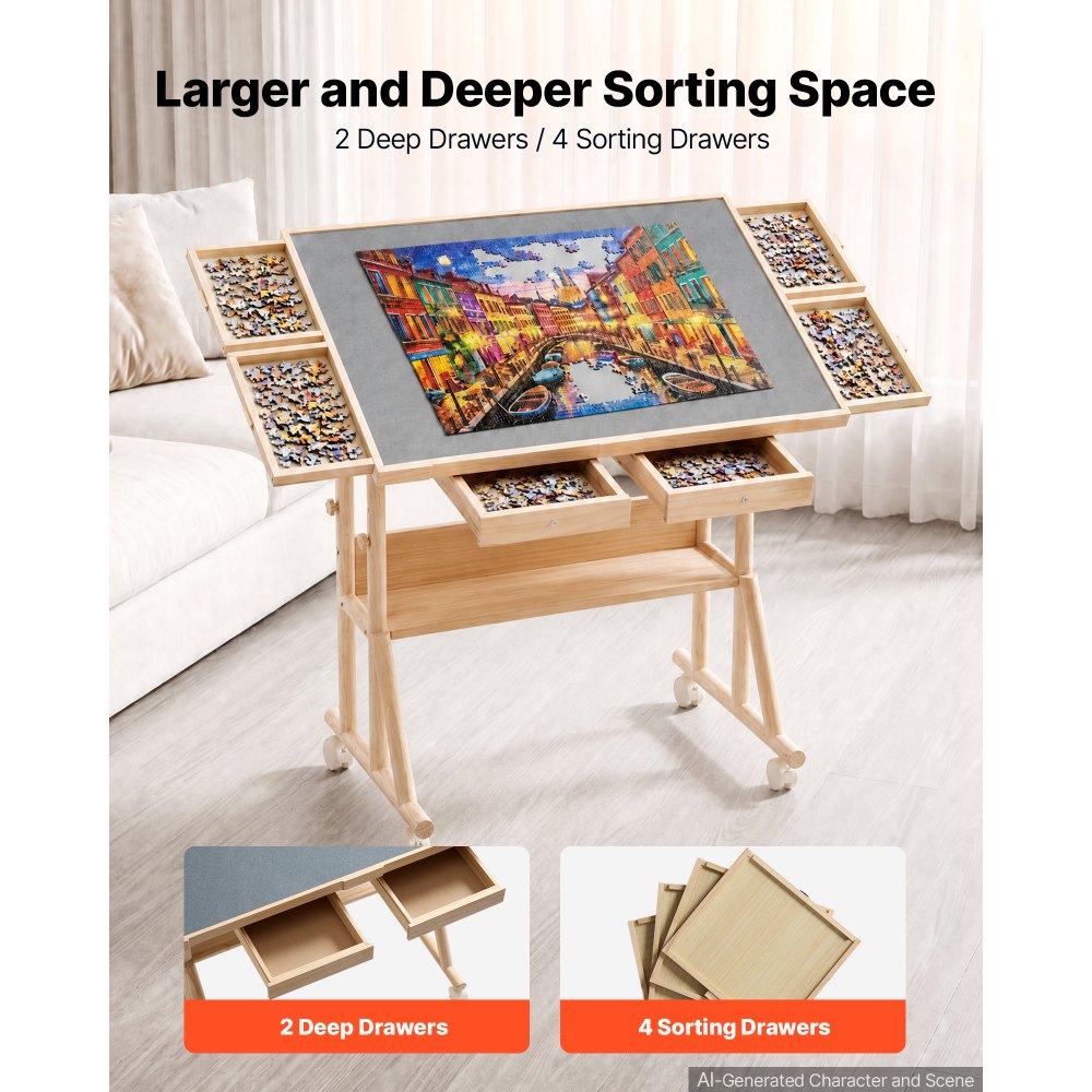 VEVOR 1500 Piece Puzzle Table with Legs, Wheels, 4 Drawers, Cover, 34x25 in, Gift for Mom, Portable Wooden Board, Felt Surface Jigsaw Puzzle Accessories for Adults, Adjustable Height Storage Organizer