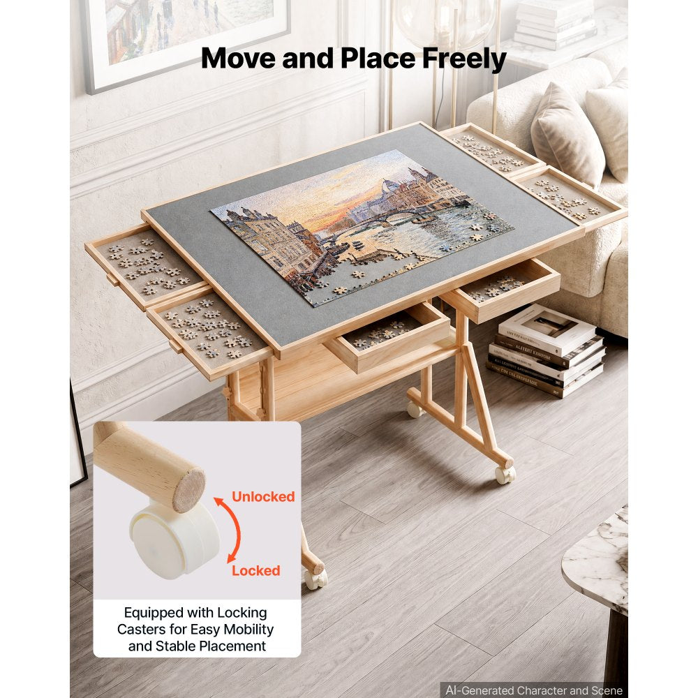 VEVOR 1500 Piece Puzzle Table with Legs, Wheels, 4 Drawers, Cover, 34x25 in, Gift for Mom, Portable Wooden Board, Felt Surface Jigsaw Puzzle Accessories for Adults, Adjustable Height Storage Organizer