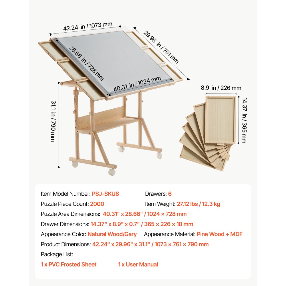VEVOR 2000 Piece Puzzle Table with Legs, Wheels, 6 Drawers, Cover, 40x29 in, Gift for Mom, Portable Wooden Board, Felt Surface Jigsaw Puzzle Accessories for Adults, Adjustable Height Storage Organizer
