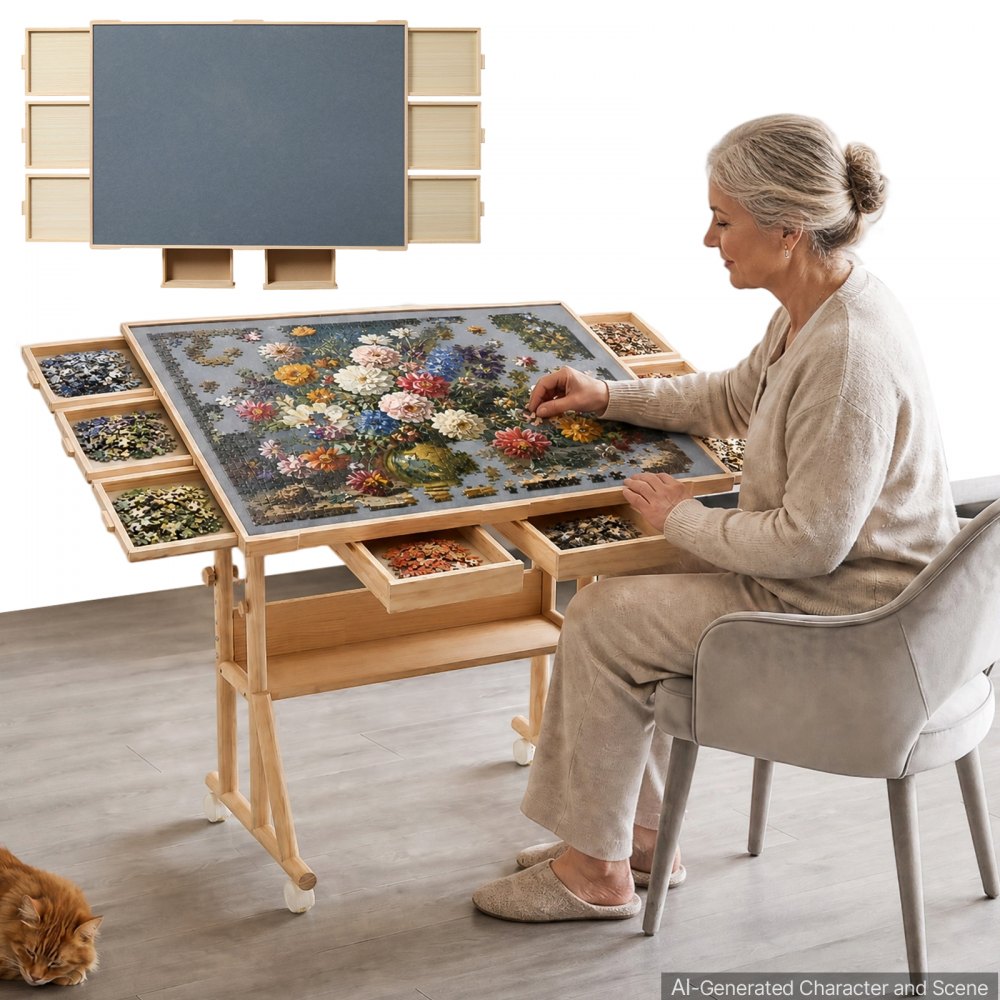 VEVOR 2000 Piece Puzzle Table with Legs, Wheels, 6 Drawers, Cover, 40x29 in, Gift for Mom, Portable Wooden Board, Felt Surface Jigsaw Puzzle Accessories for Adults, Adjustable Height Storage Organizer