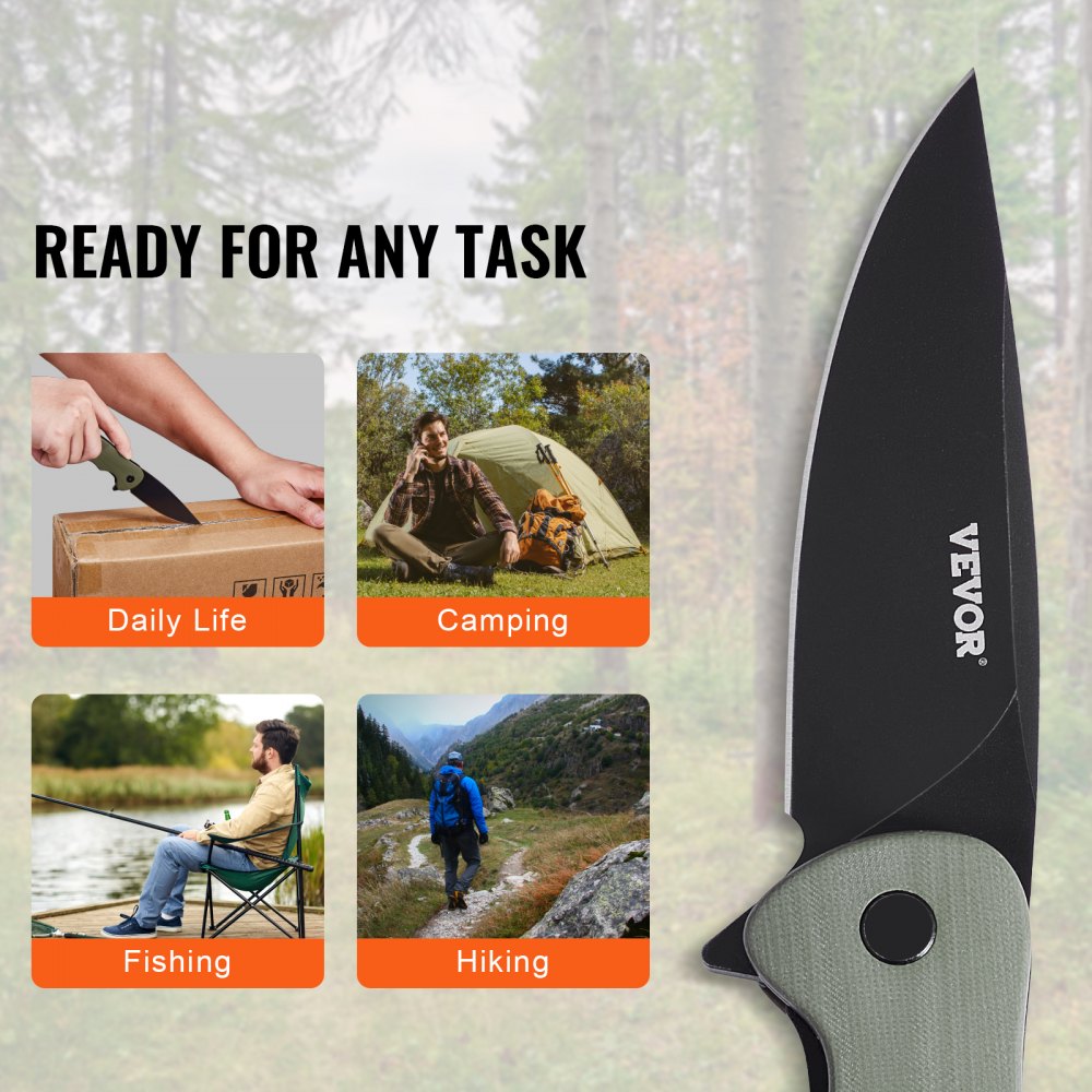 VEVOR Folding Pocket Knife, 3.5 in/8.8 cm D2 Steel Blade, G10 Handle Small EDC Knife with Pocket Clip, Sharp Camping Survival Hiking Knife, 3.84 oz/0.1 kg Easy to Carry for Men Women Self Defense