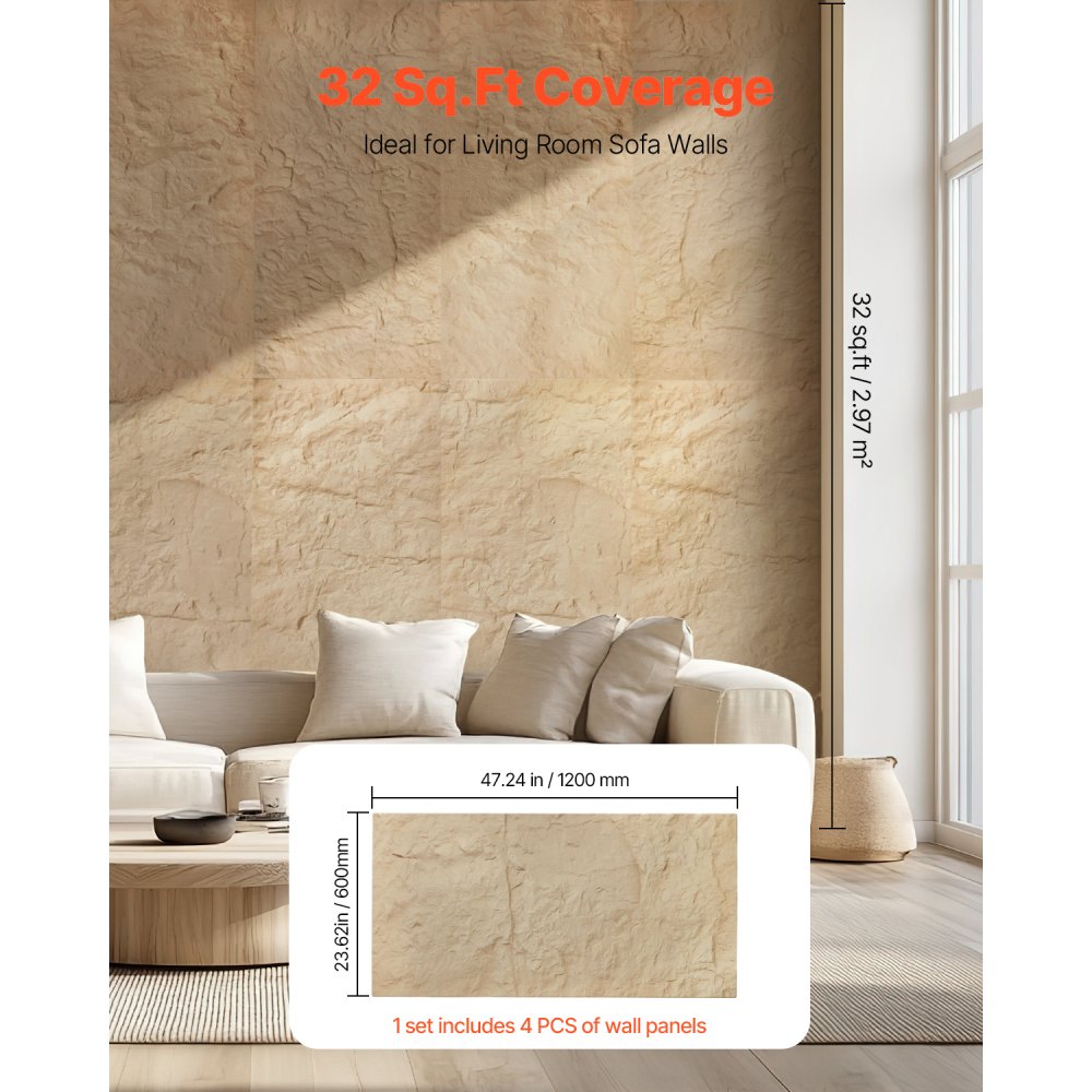 VEVOR 3D Wall Panels, 4 Pack 48 x 24 in PU Natural Stone Imitation Wall Art Tiles, 32 Sq.Ft Coverage Accent Wall Panel, Interior Home Decor for Ceiling, Bedroom, Living & Gaming Room, Stone Yellow