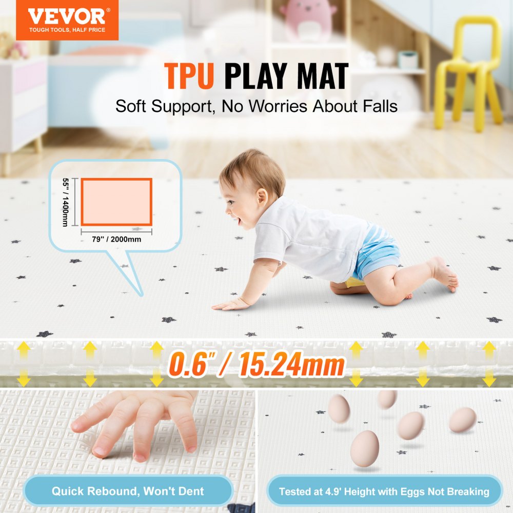 VEVOR Baby Play Mat, 55""x79"" Baby Crawling Mat, Non-Slip One-Piece Soft Baby Playmat, Rollable Reversible Floor Mat, Waterproof Activity Playmats,  for Babies Toddlers Infants, Play & Tummy Time