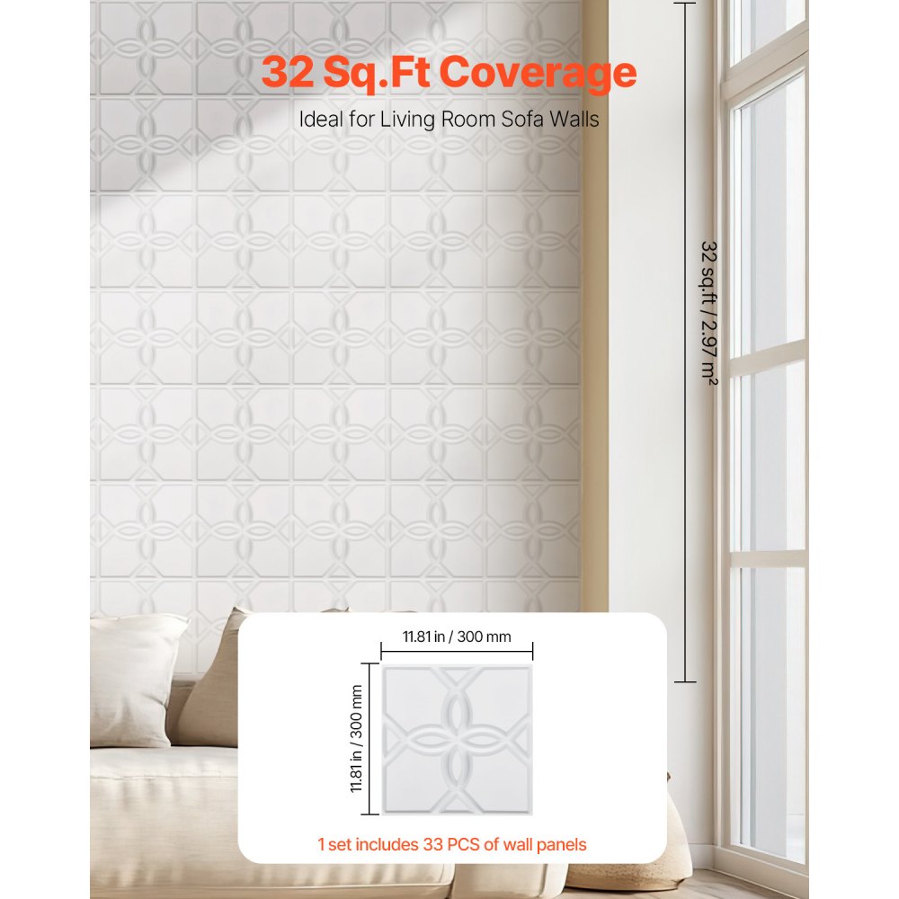 VEVOR 3D Wall Panels, 33-Pack 11.81 x 11.81 in PVC Modern Art Minimalist Floral Tiles, 32 Sq.Ft Coverage Accent Wall Panel, Interior Home Decor for Ceiling, Bedroom, Living & Gaming Room, Matte White