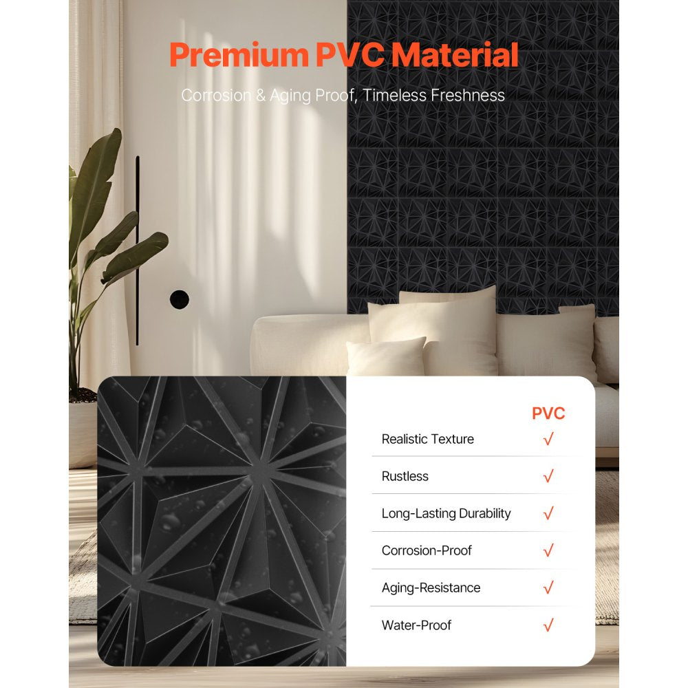 VEVOR 3D Wall Panels, 33-Pack 11.81 x 11.81 in PVC Modern Art Minimalist Diamond Tiles, 32 Sq.Ft Coverage Accent Wall Panel, Interior Home Decor for Ceiling, Bedroom, Living & Gaming Room, Matte Black