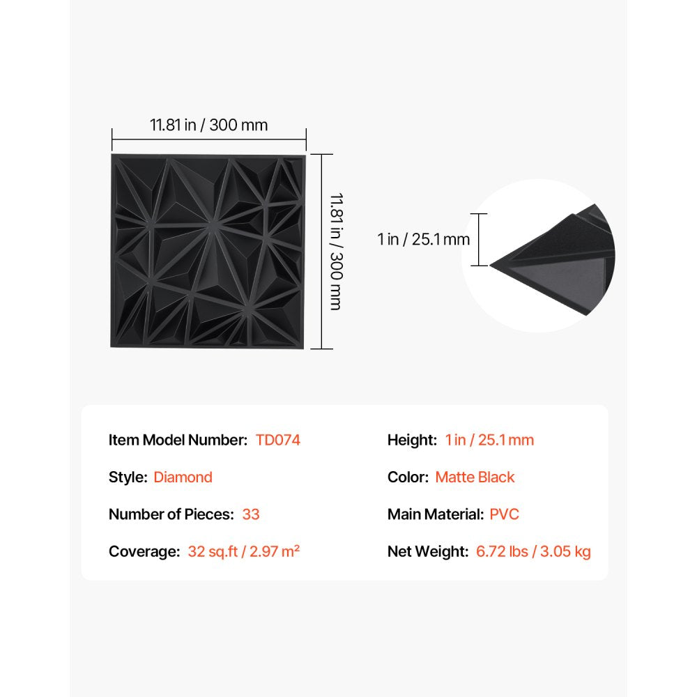 VEVOR 3D Wall Panels, 33-Pack 11.81 x 11.81 in PVC Modern Art Minimalist Diamond Tiles, 32 Sq.Ft Coverage Accent Wall Panel, Interior Home Decor for Ceiling, Bedroom, Living & Gaming Room, Matte Black