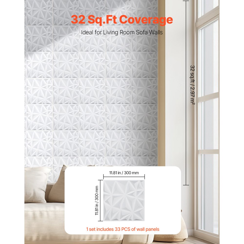 VEVOR 3D Wall Panels, 33-Pack 11.81 x 11.81 in PVC Modern Art Minimalist Diamond Tiles, 32 Sq.Ft Coverage Accent Wall Panel, Interior Home Decor for Ceiling, Bedroom, Living & Gaming Room, Matte White