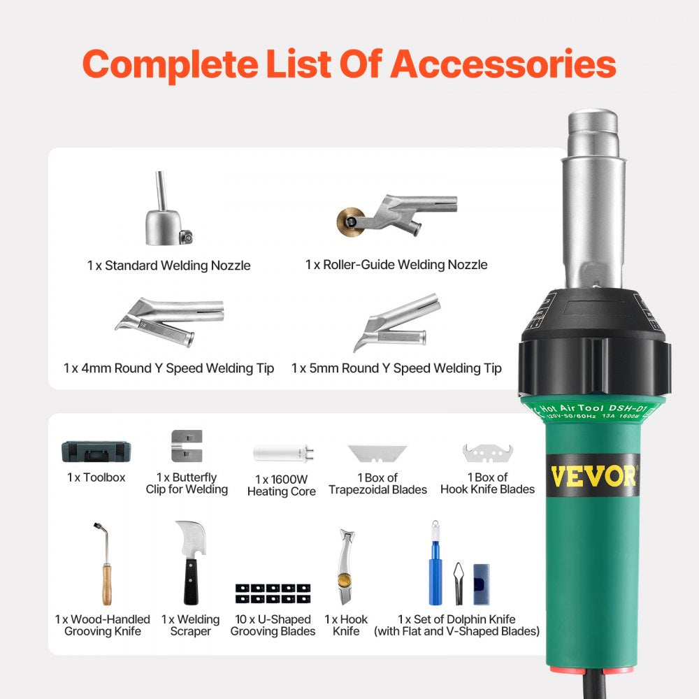 VEVOR Hot Air Plastic Welder, 1600W Hot Air Torch Pistol, 122-1112℉ PVC TPO Vinyl Heat Gun Welding Torch, Plastic Roofing Welding Kit with 14 Accessories- Toolbox, Nozzle, Roller, Blades for PP/PE/PVC