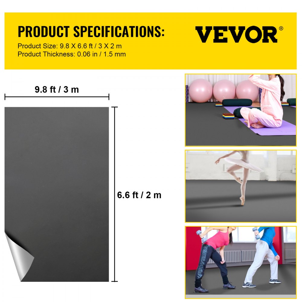 VEVOR Dance Floor, 6.6x9.8ft Dance Floor Roll, 0.06in Thick PVC Vinyl Dance Floor, Black/Grey Reversible Portable Dance Floor, Non-Slip Dance Flooring, Ballet Dance Floor for Jazz, Pop, Lyrical Style