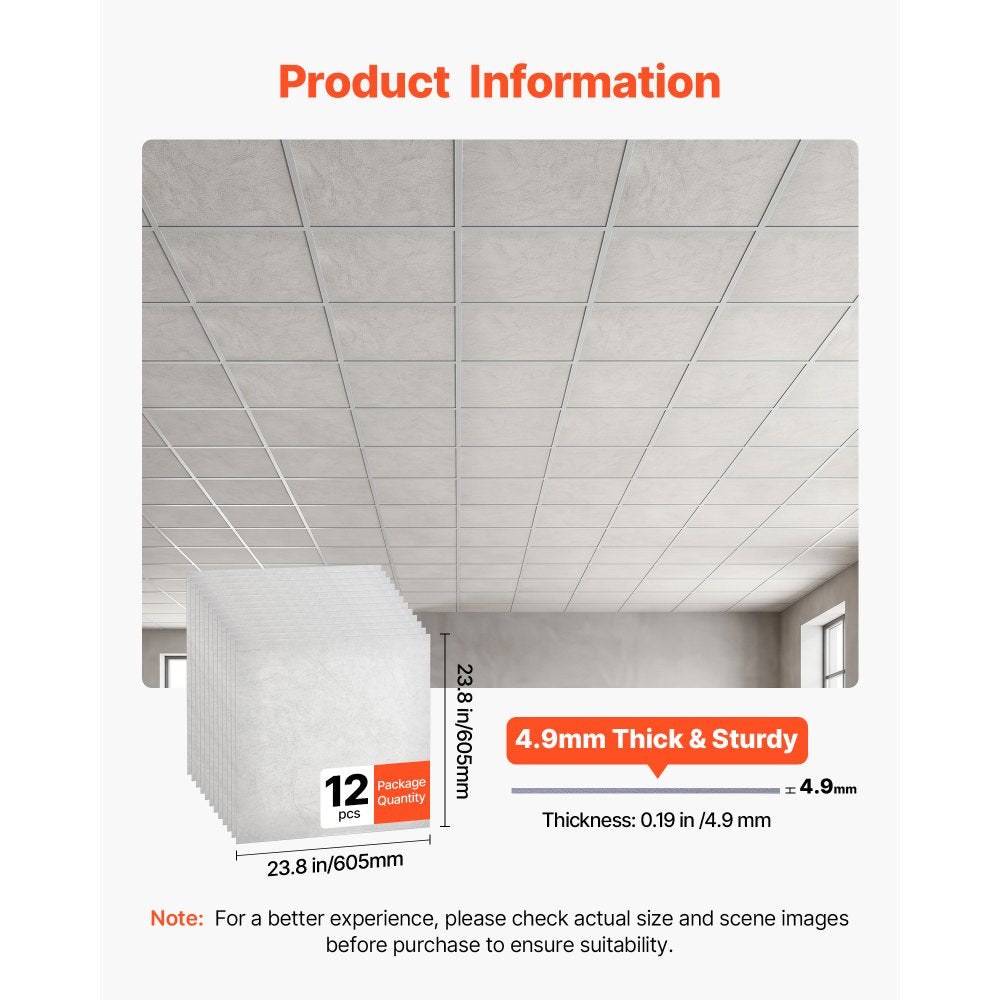 VEVOR 24 x 24 in PVC Ceiling Tiles 12-Pack Drop Ceiling Panels White Marble, PVC Foam Board, Grid Fit, Water-Resistant, Flexible Cut, Easy to Clean, Modern Decorative Finish for Home, Office Areas