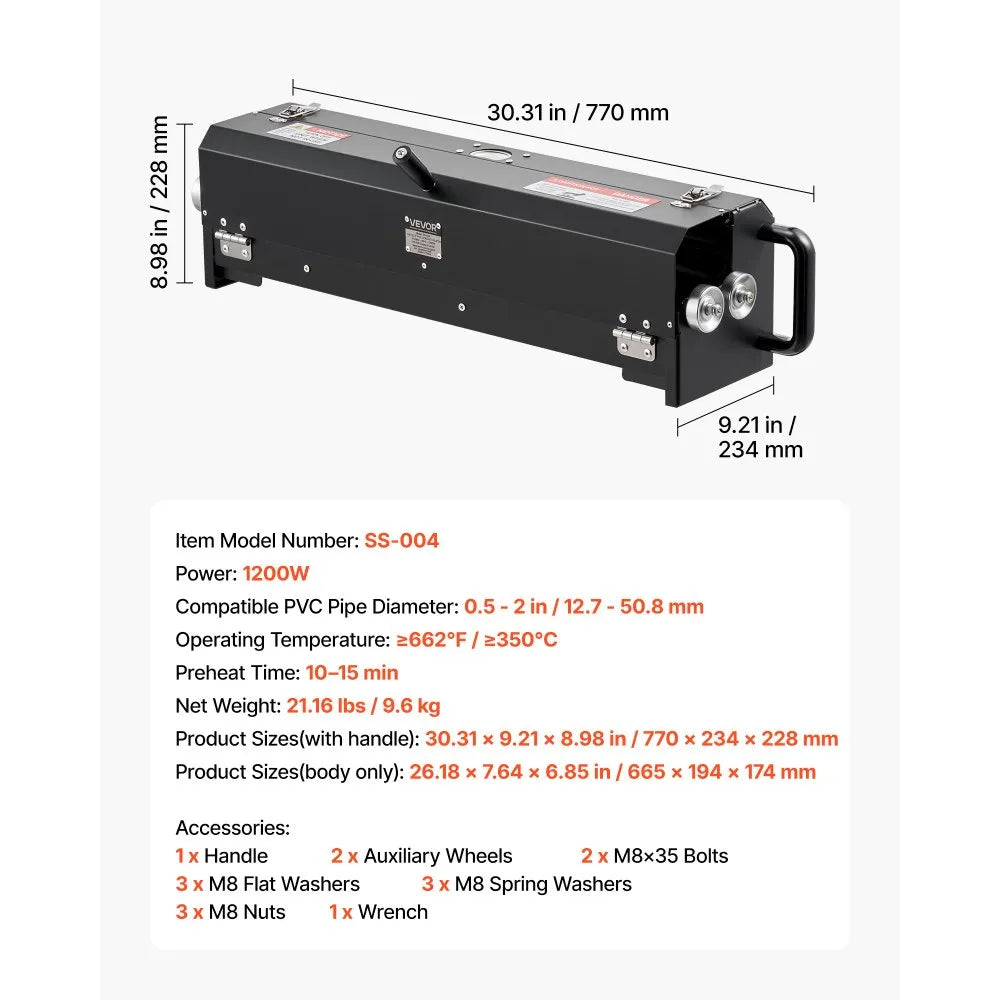 VEVOR Electric PVC Conduit Heater, 1/2" to 2", 1200W Rapid and Even Heating, PVC Bender Heater Pipe Bending Tool with Carrying Handle, Easy to Use, for Construction Crews, DIY Enthusiasts, Workshop