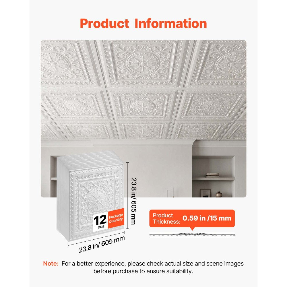 VEVOR 24 x 24 in PVC Ceiling Tiles 12-Pack White 3D Geometric Panels, Smooth PVC Sheet for Drop Grid, Impact-Resistant, Paintable Surface, Easy Cut, Modern Decorative Style for Home, Office