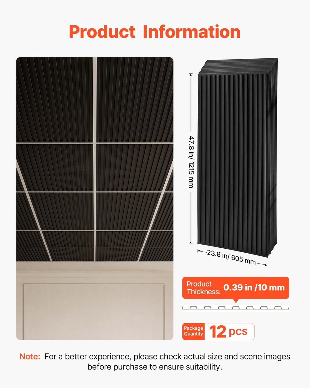 VEVOR 24 x 48 in PVC Ceiling Tiles 12-Pack 3D Black Linear Slat Panels, Smooth PVC Sheet for Drop Grid, Impact-Resistant, Paintable Surface, Easy Cut, Modern Decorative Style for Home, Office