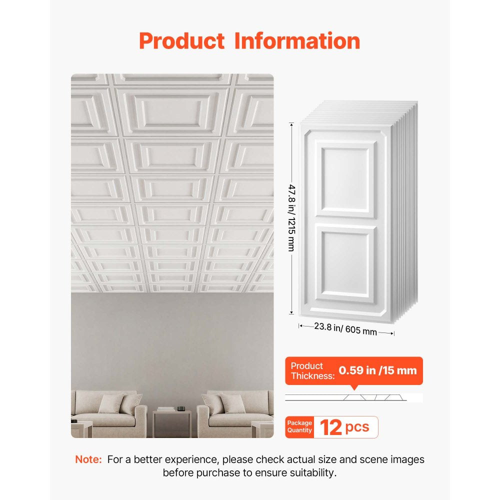 VEVOR 24 x 48 in PVC Ceiling Tiles 12-Pack White 3D Textured Accent Panels, PVC Sheet for Drop Grid, Impact-Resistant, Paintable Surface, Easy Cut, Modern Decorative Style for Home, Office Area