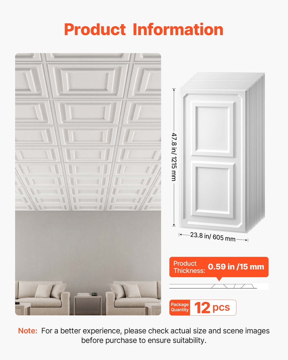 VEVOR 24 x 48 in PVC Ceiling Tiles 12-Pack White 3D Textured Accent Panels, PVC Sheet for Drop Grid, Impact-Resistant, Paintable Surface, Easy Cut, Modern Decorative Style for Home, Office Area