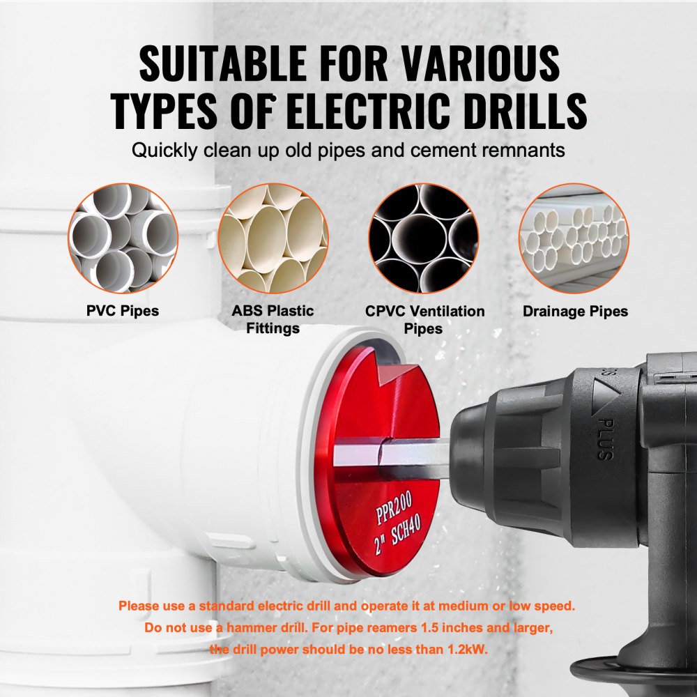 VEVOR 8Pcs PVC Pipe Reamer Kit, 8-Piece, Plastic Pipe Fitting Socket Saver Kit, Includes 1/2'', 3/4", 1", 1-1/4'', 1-1/2", 2", 3", 4'', for PVC, CPVC, ABS Fittings, for Exhaust, Drain, Water Pipes Cleaning