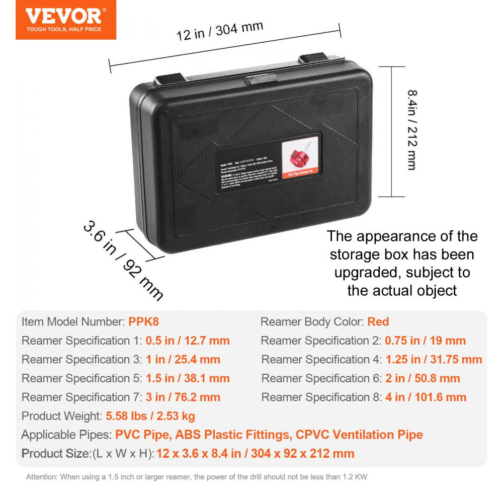 VEVOR 8Pcs PVC Pipe Reamer Kit, 8-Piece, Plastic Pipe Fitting Socket Saver Kit, Includes 1/2'', 3/4", 1", 1-1/4'', 1-1/2", 2", 3", 4'', for PVC, CPVC, ABS Fittings, for Exhaust, Drain, Water Pipes Cleaning