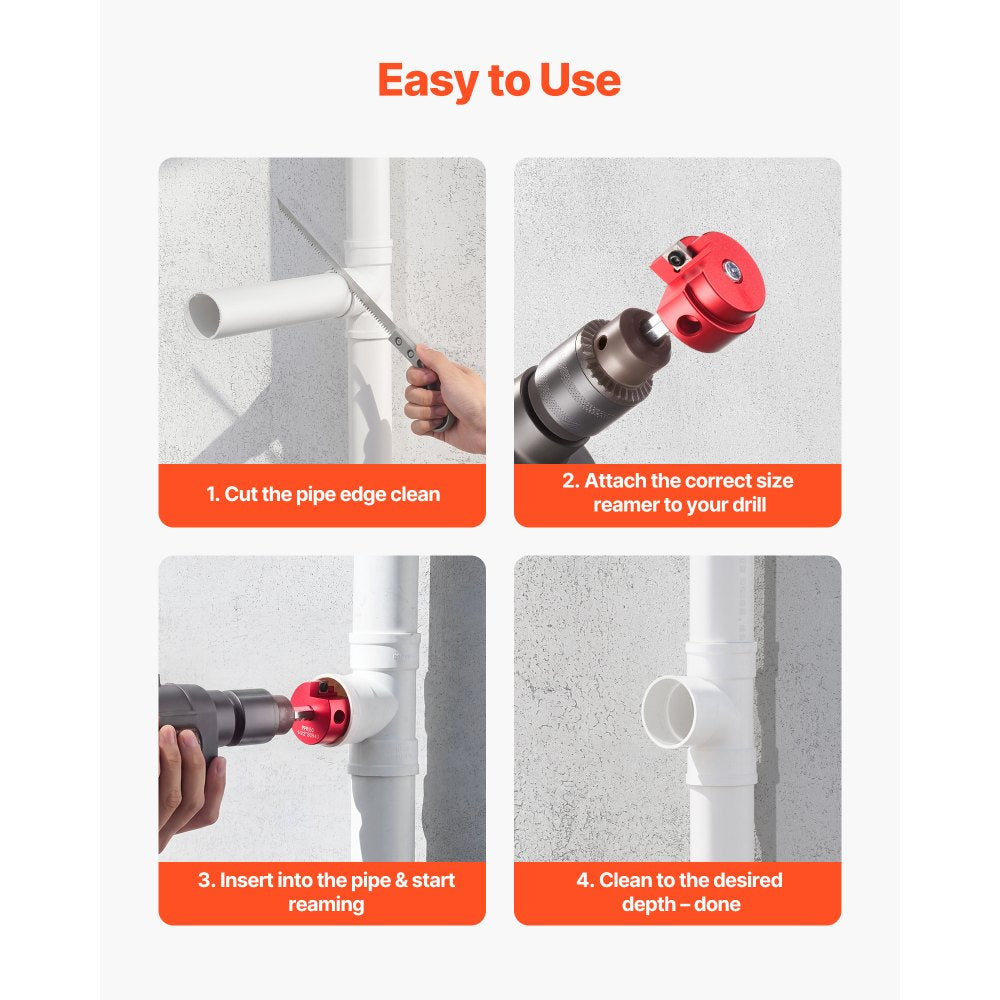 VEVOR PVC Pipe Reamer Kit, 9-Piece, PVC Fitting Socket Saver, Includes 1/2", 3/4", 1", 1-1/4", 1-1/2", 2", 2-1/2", 3", 4", Fits Standard 1/2" Drills, Plumbing Tool Kit for SCH40 ABS CPVC Drain Pipes