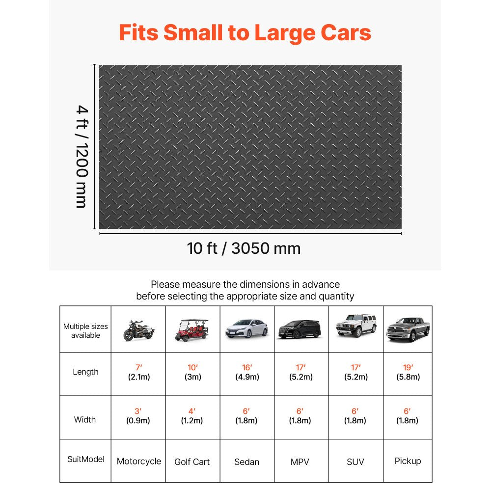 VEVOR Garage Floor Roll, 4 x 10 ft Garage Flooring Mat, 2.2 mm Thickened PVC Diamond Plate Floor Protector Mat with Double-sided Tape, Non-Slip, Easy to Clean for Warehouse, Gyms, Trailer, Black