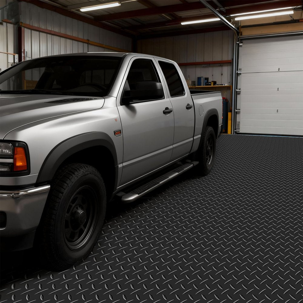 VEVOR Garage Floor Roll, 4 x 10 ft Garage Flooring Mat, 2.2 mm Thickened PVC Diamond Plate Floor Protector Mat with Double-sided Tape, Non-Slip, Easy to Clean for Warehouse, Gyms, Trailer, Black