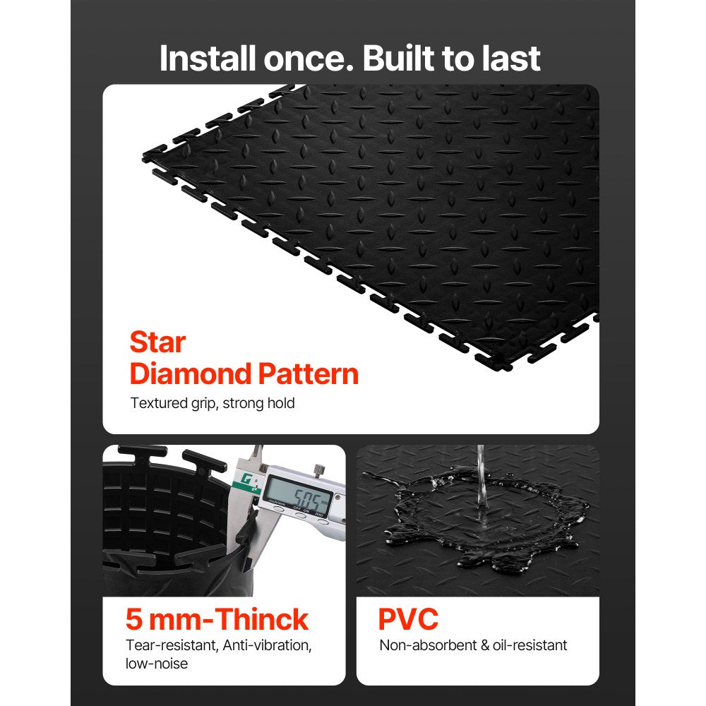 VEVOR Garage Floor Tiles Interlocking, 16 Pack 20.2 x 20.2 x 0.2 in Interlocking Modular Garage Flooring Tiles, Diamond Plate Slip-Resistant PVC Mats for Workshop,Warehouse,Tool Room, Black